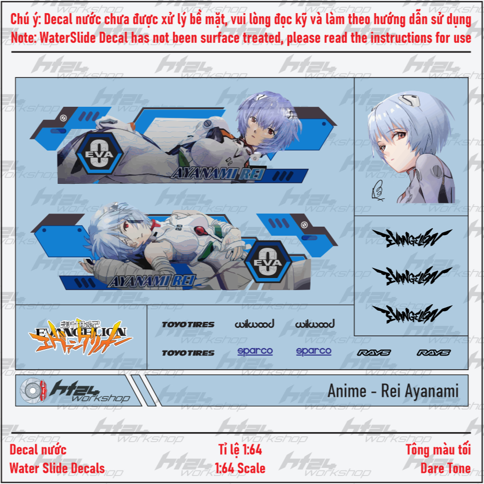 HT24workshop - Decal trượt nước Anime - Rei Ayanami cho xe mô hình JDM 1:64 (DARK TONE)
