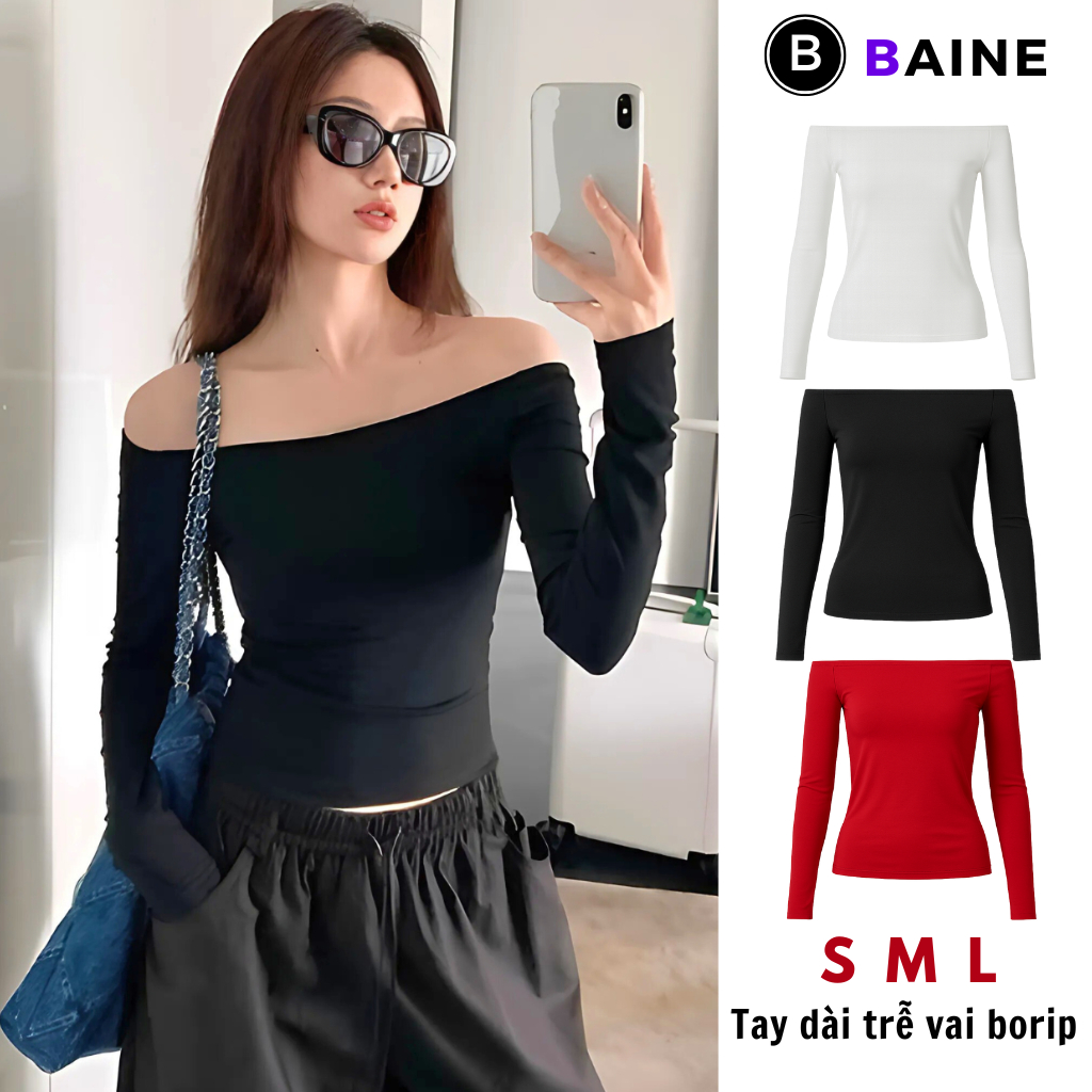 Áo Thun TAY DÀI TRỄ VAI BORIP Dáng Dài Nữ DD156, Áo Thun Nữ Bẹt Vai Gợi Cảm Kiểu Trơn BAINE