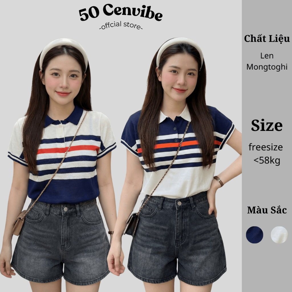 Áo Len Dệt Kim, Áo Polo Nữ Cộc Tay Phong Cách Korea Họa Tiết Sọc Ngang 2 Màu Siêu Hot (50Cenvibe) 1-