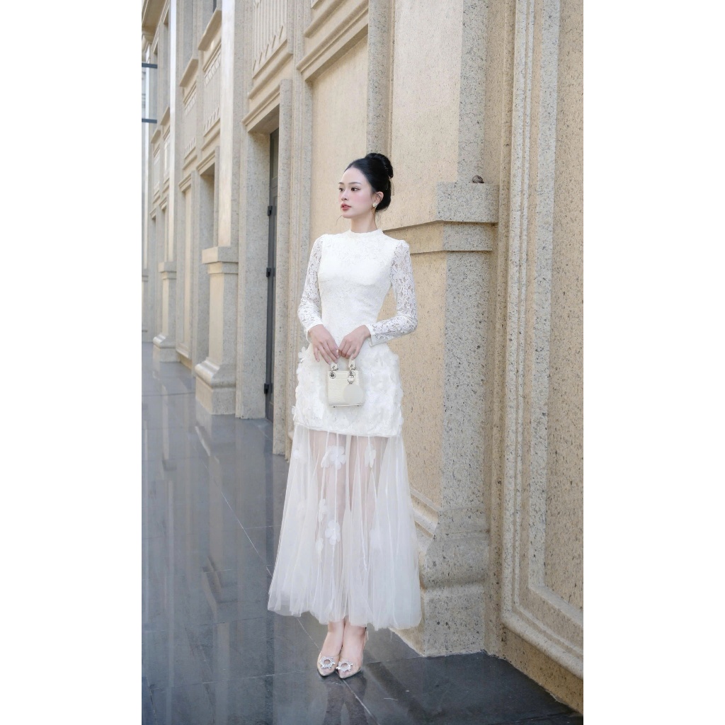 Đầm Dài Trắng Phối Ren Cao Cấp – Dáng Ôm Sang Trọng |E44