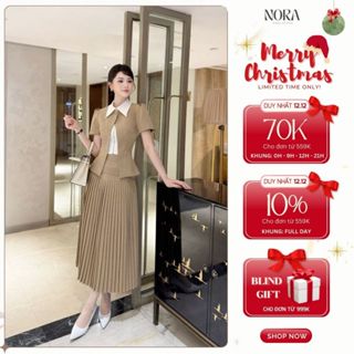  Set áo váy công sở NORA - Áo xẻ tà chất chéo hàn phối lụa khóa đồng chân váy dài dập li sang trọng hiện đại S879 
