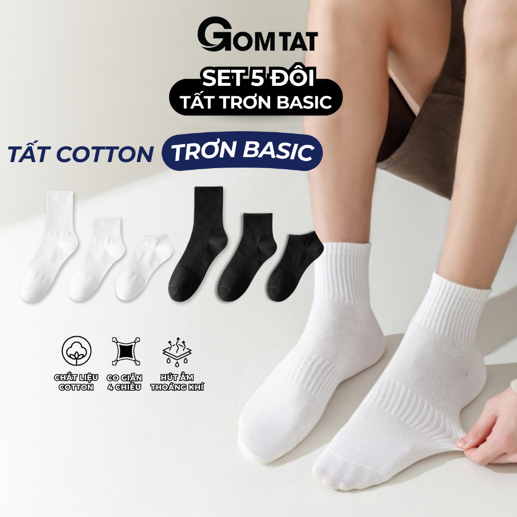 Combo 5 đôi tất trơn cổ cao/trung/ngắn GOMTAT, tất thể thao basic chất cotton…