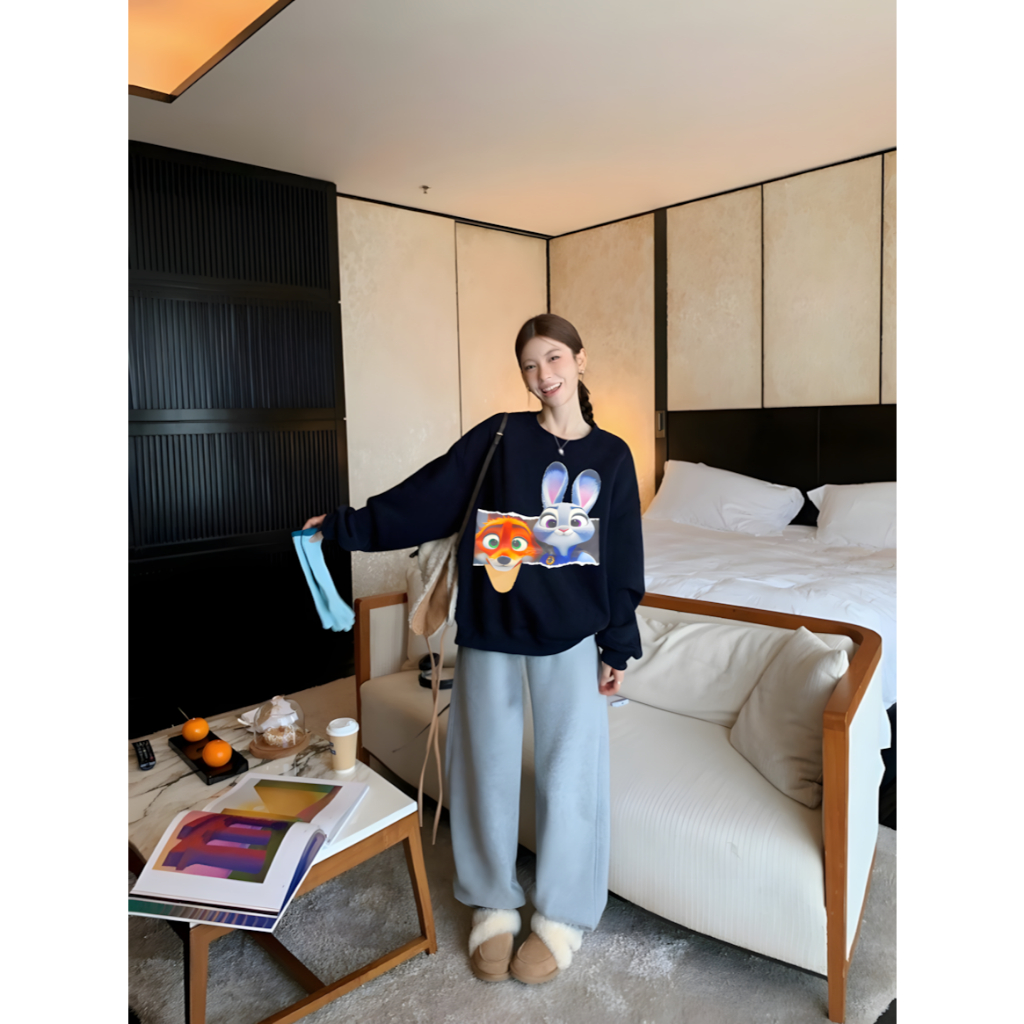 Set Bộ Nỉ Bông Zootopia Cáo Thỏ Form Rộng - Áo Sweater Đen & Quần Suông han2012