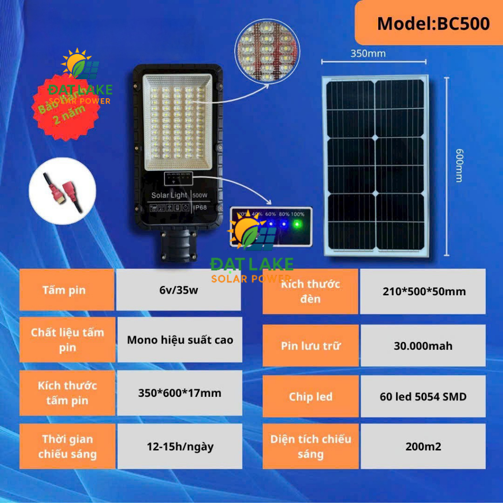 Đèn Bàn Chải 500W DT Solar BC500, Chip Led 5054 Bọc Thấu Kính Siêu Sáng, Chống Nước IP68