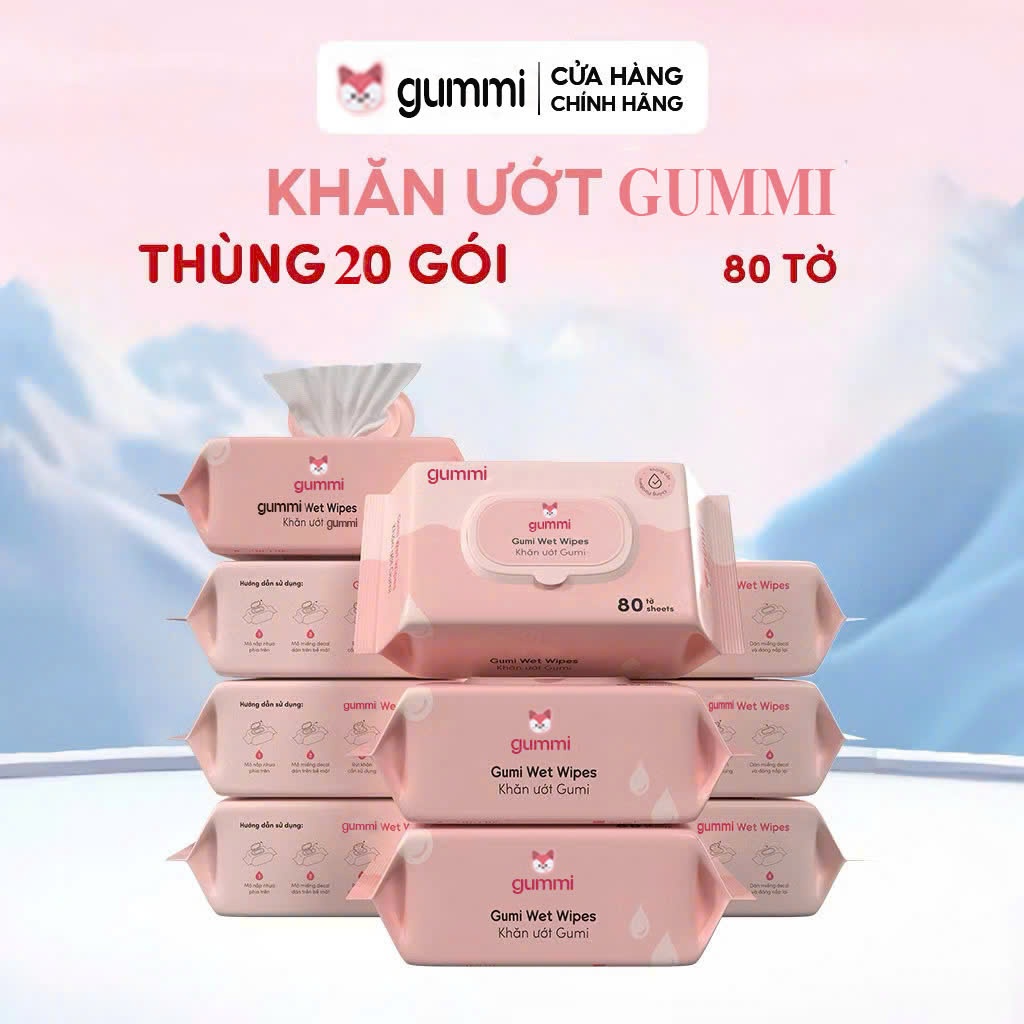 Thùng 20 Gói Khăn Ướt Đa Năng GUMMI Gói 80 Tờ Không Cồn Hàng Loại 1
