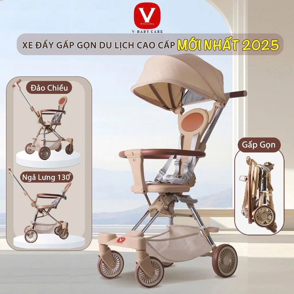Xe Đẩy Cao Cấp Cho Bé V-BABY Q2 Màu Cafe - Đảo Chiều Ngả Lưng, Kích Thước Gấp Nhỏ Gọn