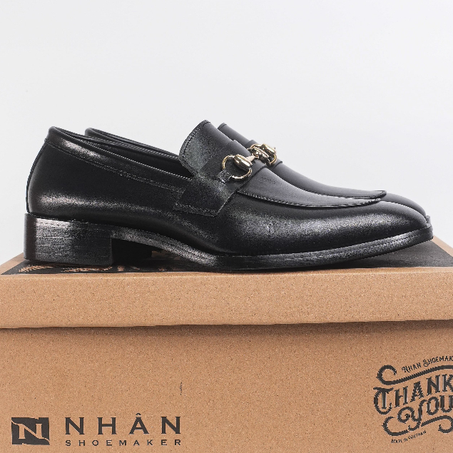 Giày da Horsebit Loafer màu đen, khóa vàng-HBL1-Gót cao 3cm