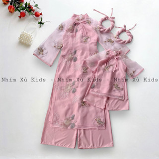   4-64kg  Áo Dài Cách Tân Hoa Sen Thêu NHÍM XÙ KIDS Mẹ Và Bé Gái 6 Tháng - 8 Tuổi AD157 