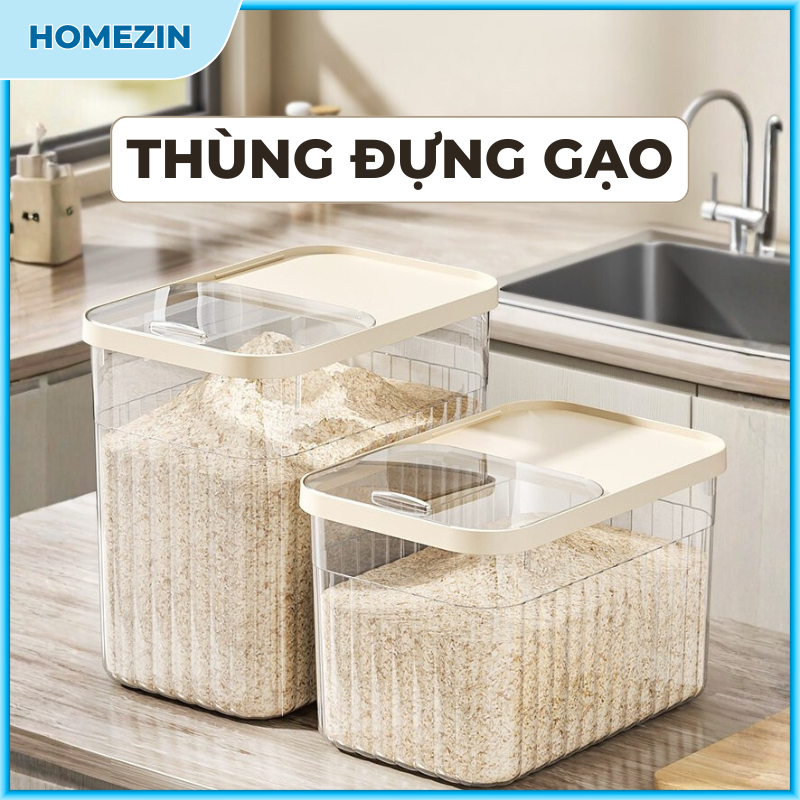 Thùng đựng gạo nhà bếp nắp bật thông minh màu kem chịu lực chịu nhiệt tốt 3 loại 5kg 10kg 15kg - HomeZin