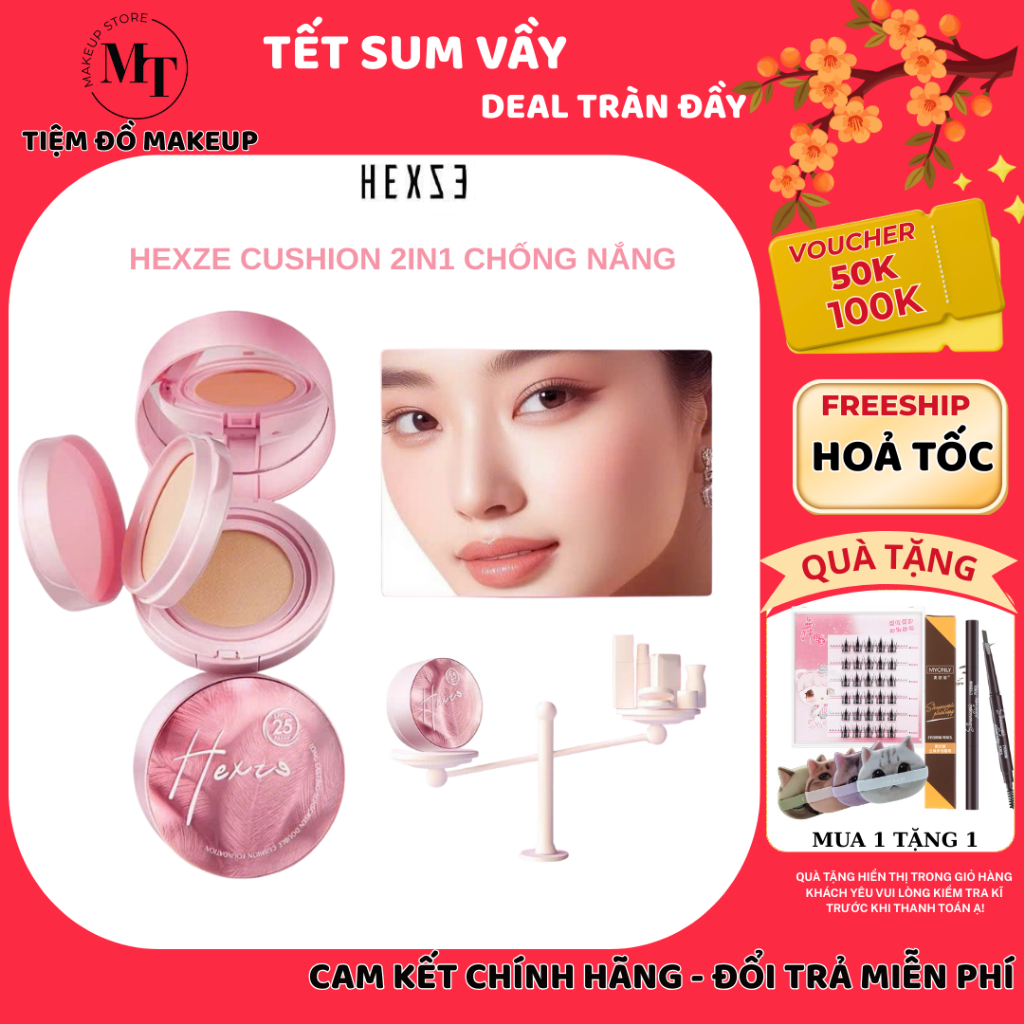 Cushion HEXZE chống nắng dưỡng ẩm kèm phấn phủ 2 in1 Spf25 PA+++, cố định lớp makeup hoàn hảo