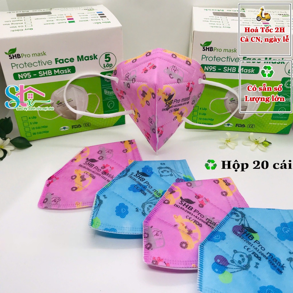 Khẩu trang n95 trẻ em SHB pro mask chính hãng, kn95 em bé cao cấp chuẩn FFP2 hộp 20 cái