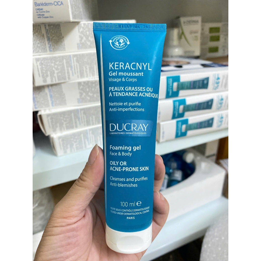 Gel rửa mặt cho da Dầu mụn Ducray Keracnyl Gel Mousssant (bill Pháp)