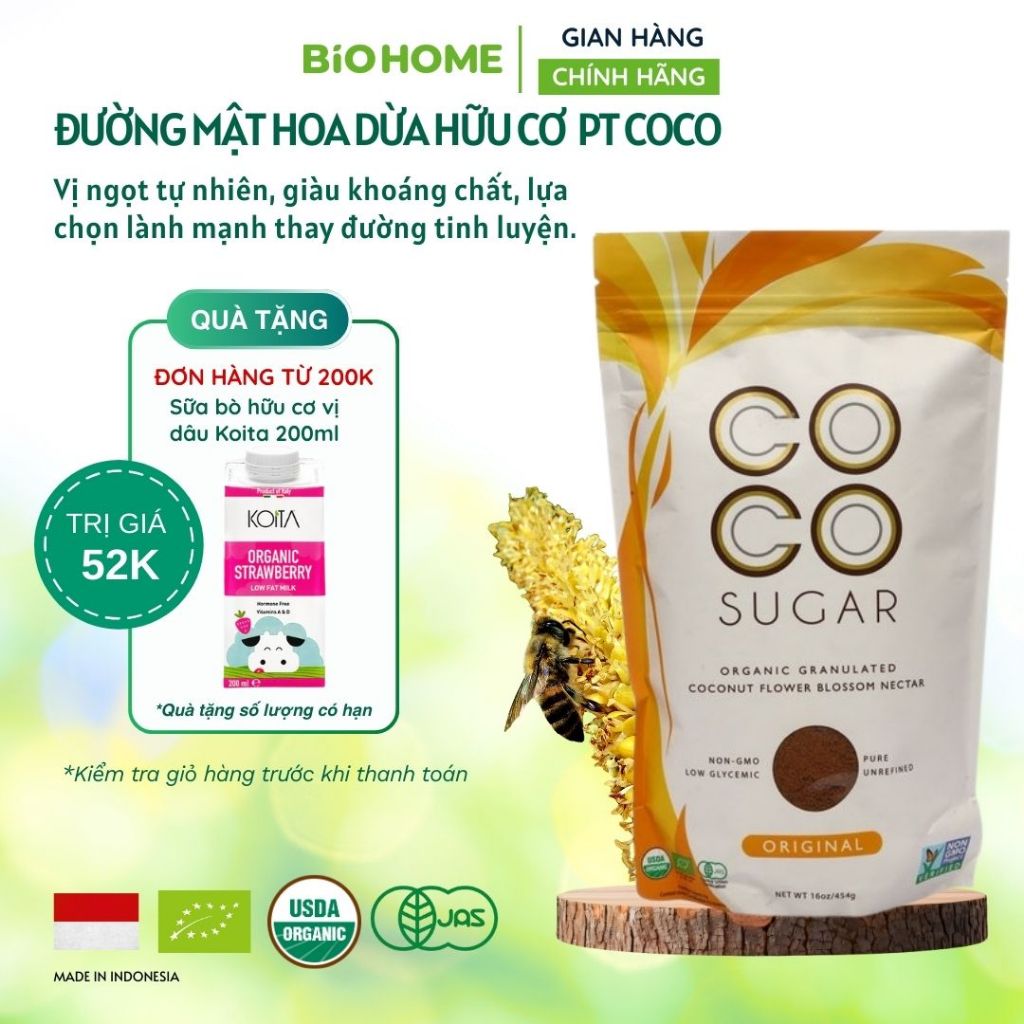 Đường mật hoa dừa hữu cơ PT Coco Sugar 454g - 100% mật hoa dừa, Chứng nhận EU Organic, USDA