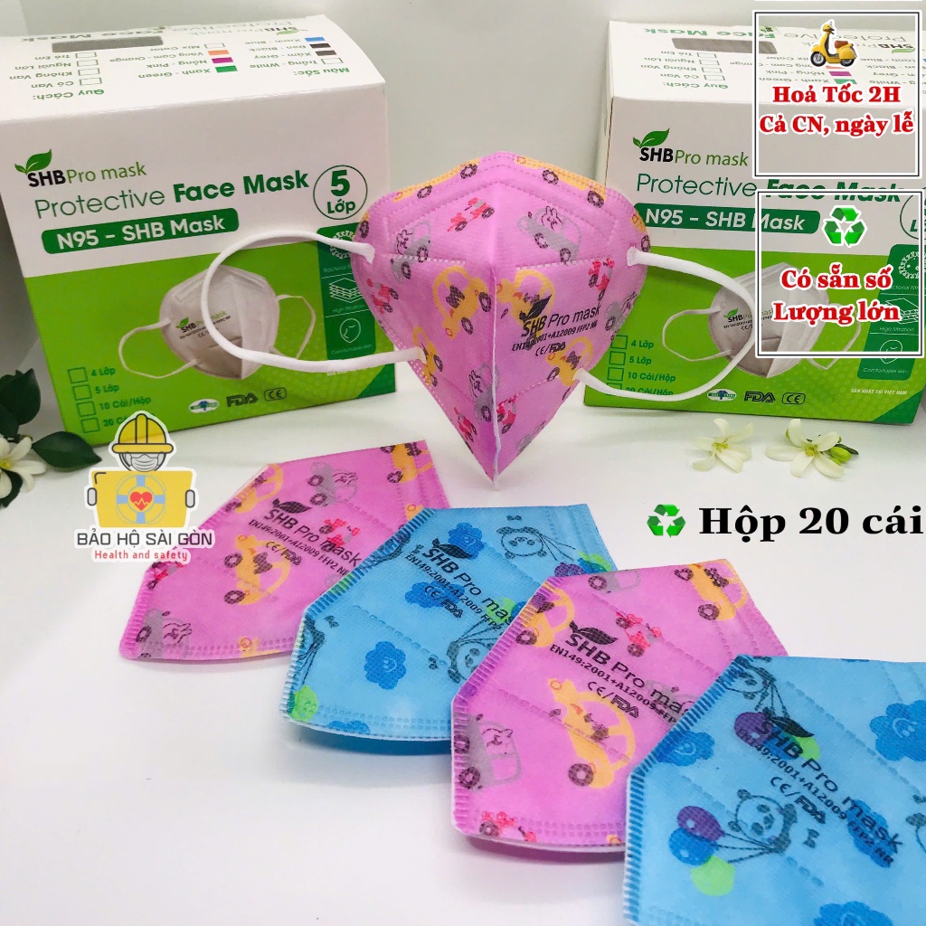 (Combo 5 hộp) Khẩu trang n95 trẻ em SHB pro mask chính hãng, hộp 20 khẩu trang Kn95 cho bé chuẩn FFP