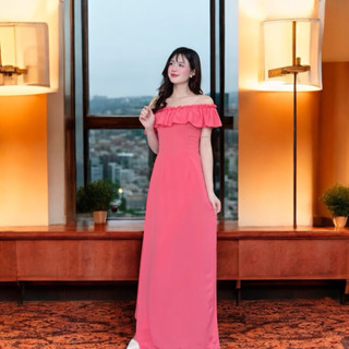  Bộ Áo Dài  Màu Dâu Lễ Tân Cổ Hở Bẹt Vai Bèo Nhún Phong Cách Gợi Cảm Dễ Thương Kèm Quần Lụa Tằm Ý Sang Trọng 