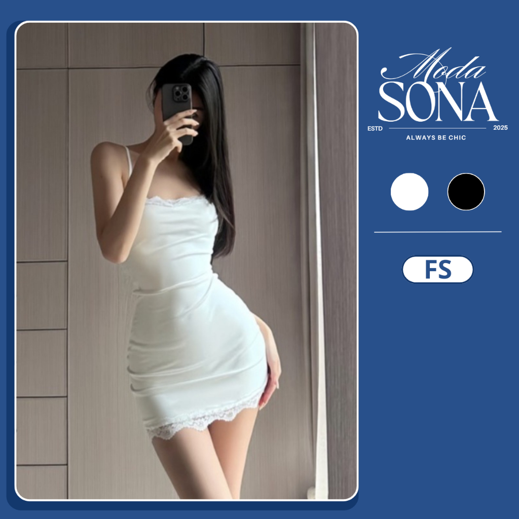 Đầm Body 2 Dây Phối Viền Ren Dáng Ngắn Sexy-E13-Sona.Moda