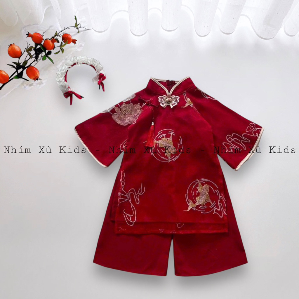   4-28kg  Áo Dài Hoa Sen Đỏ Thêu NHÍM XÙ KIDS Chất Lụa Mềm Mại Cho Bé Gái 2 tháng - 8 Tuổi AD157 