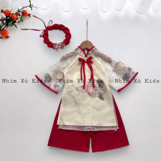   4-28kg  Áo Dài Cách Tân Hoa Sen Thêu NHÍM XÙ KIDS Cho Bé Gái 6 Tháng Đến 8 Tuổi AD157 