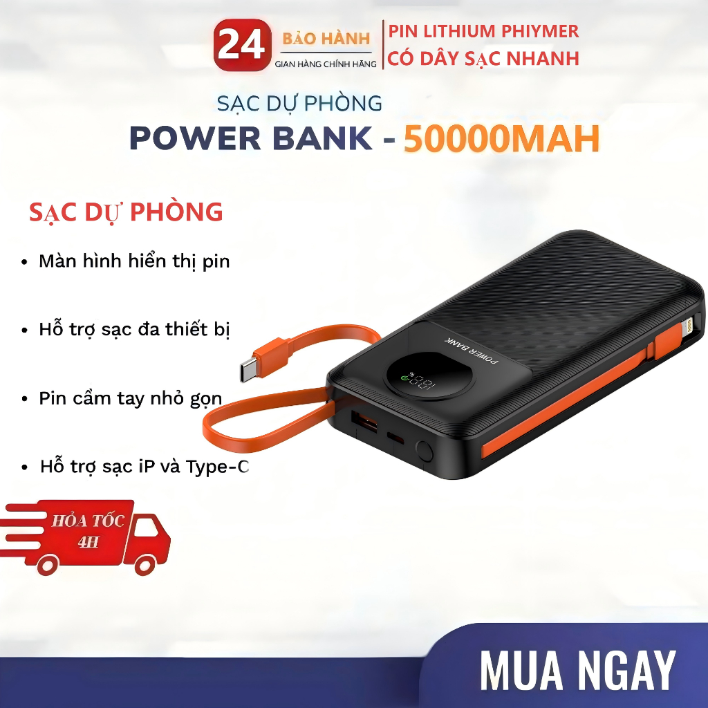 (Tặng Cáp Sạc Nhanh)sạc dự phòng pin 50000mAh 80000mAh sạc nhanh pin 120W dung lượng lớn có sẵn nhiề
