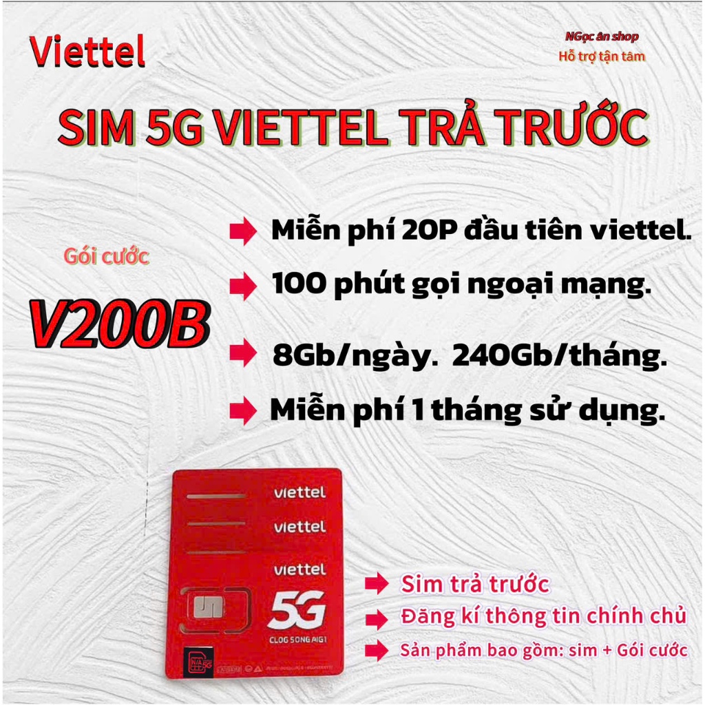 SIM 5G VIETTEL  V200B .[ MIỄN PHÍ GỌI VIETTEL <20P].[ 100 PHÚT NGOẠI MẠNG ].[ 8Gb/NGÀY]  [1 tháng]