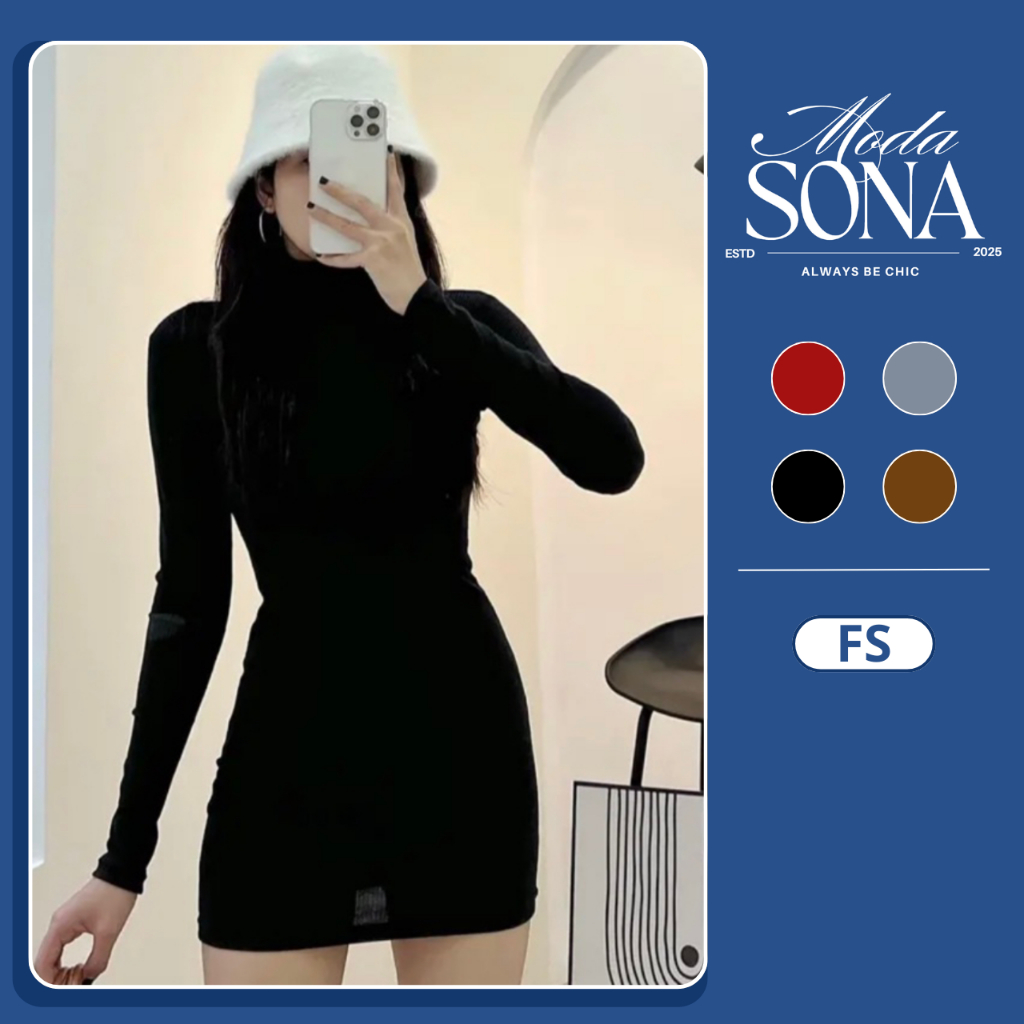 Đầm Body Tay Dài Cổ Cao Xỏ Ngón Cotton Co Giãn-E01-Sona.Moda