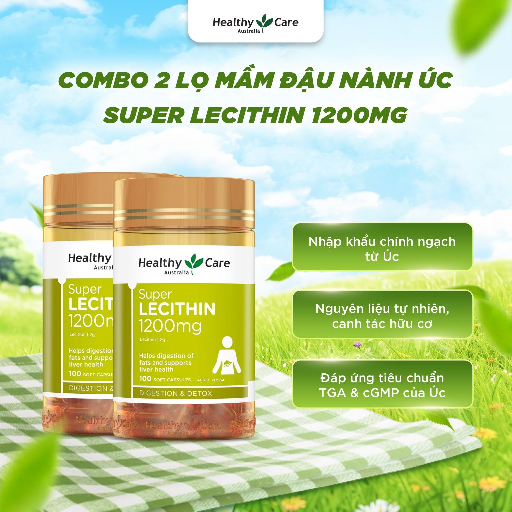 Combo Mầm Đậu Nành Úc Healthy Care Super Lecithin 1200mg 100 Viên