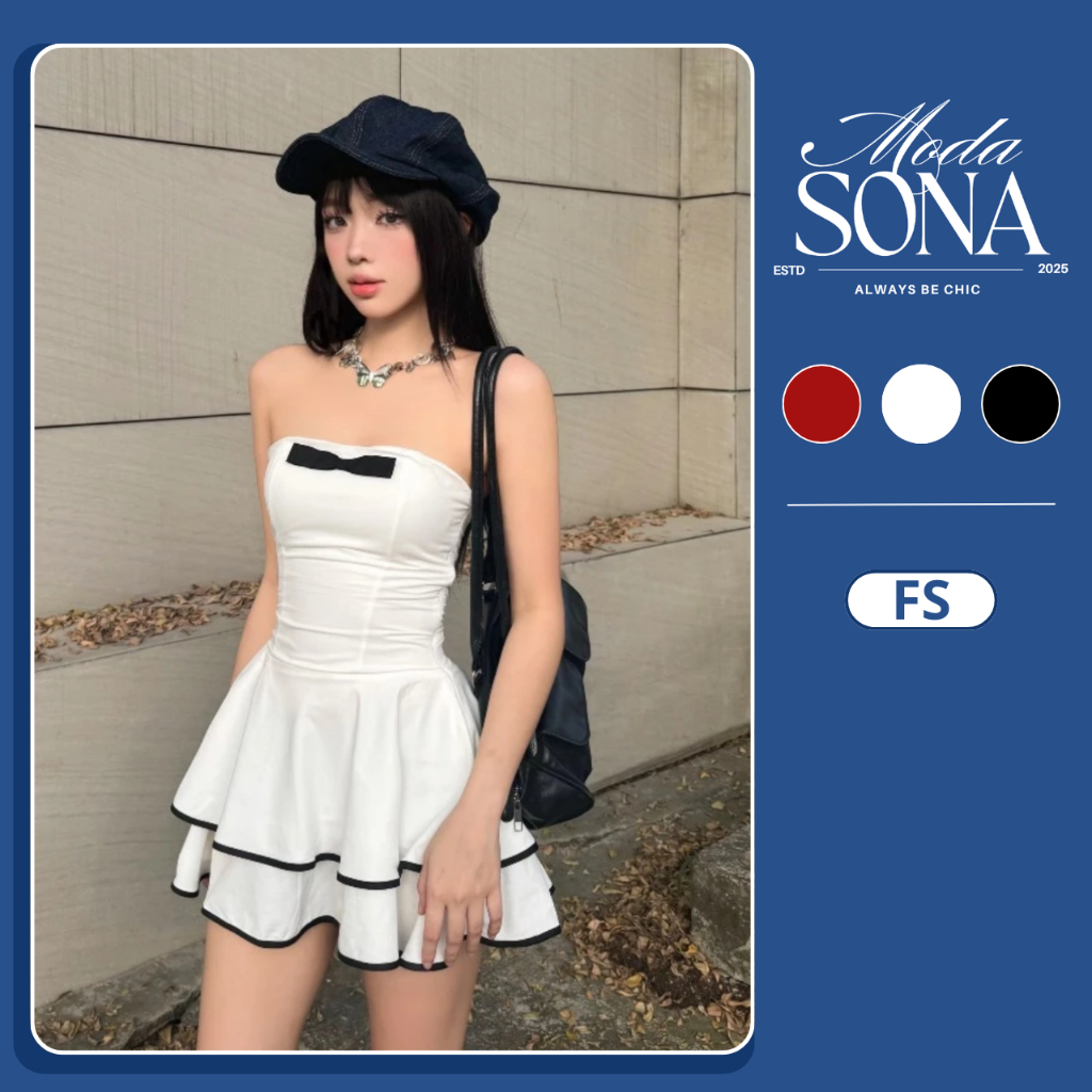 Đầm Cúp Ngực Dáng Xòe Viền Tùng Nơ Xinh Dự Tiệc-E21-Sona.Moda