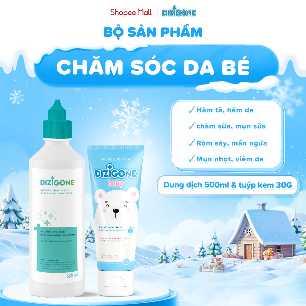 [COMBO] Dung dịch kháng khuẩn DIZIGONE 500ml & Kem DIZIGONE Baby 30g: Đẩy lùi hăm tã, chàm sữa & bảo