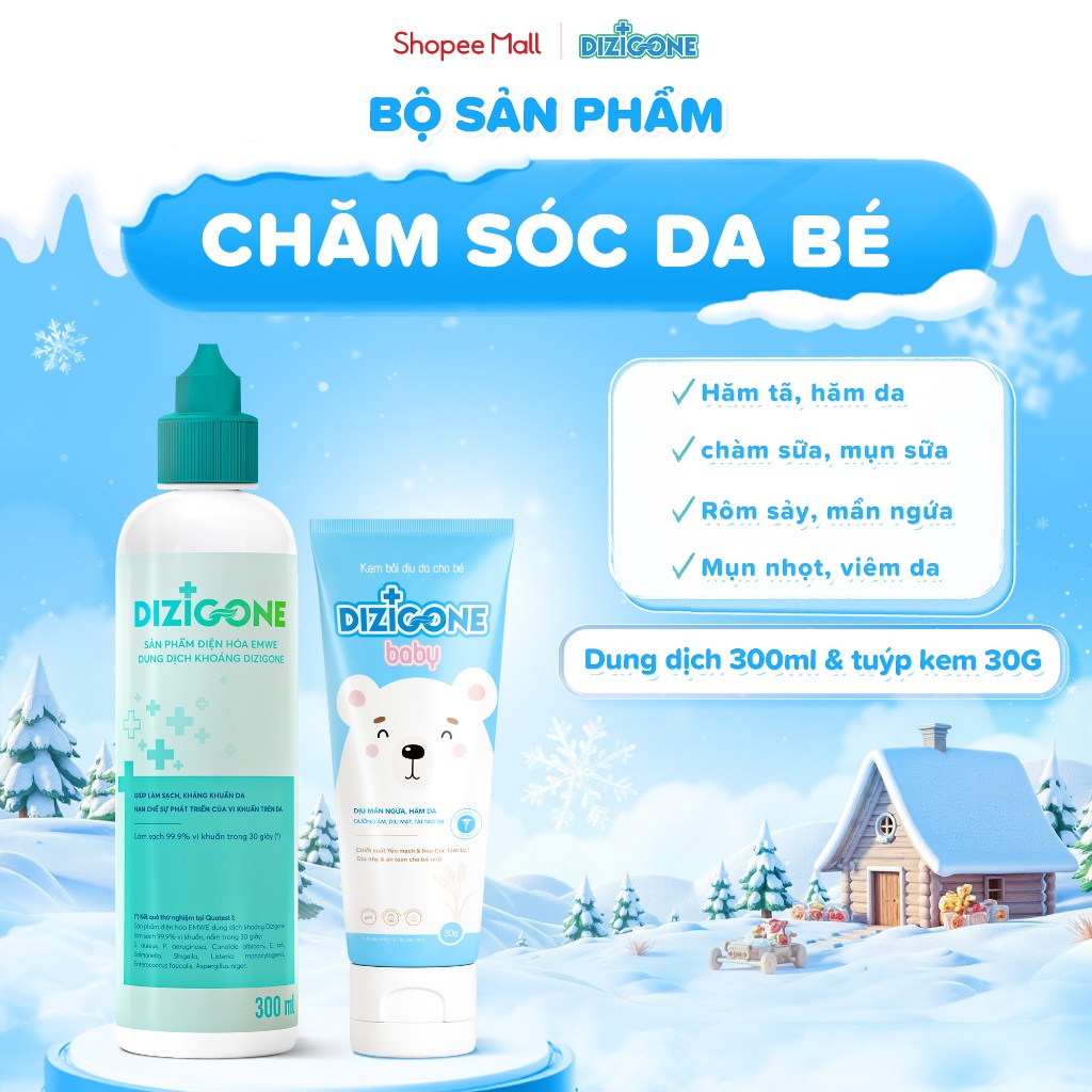 [COMBO] Dung dịch kháng khuẩn DIZIGONE 300ml & Kem DIZIGONE Baby 30g: Đẩy lùi hăm tã, chàm sữa & bảo