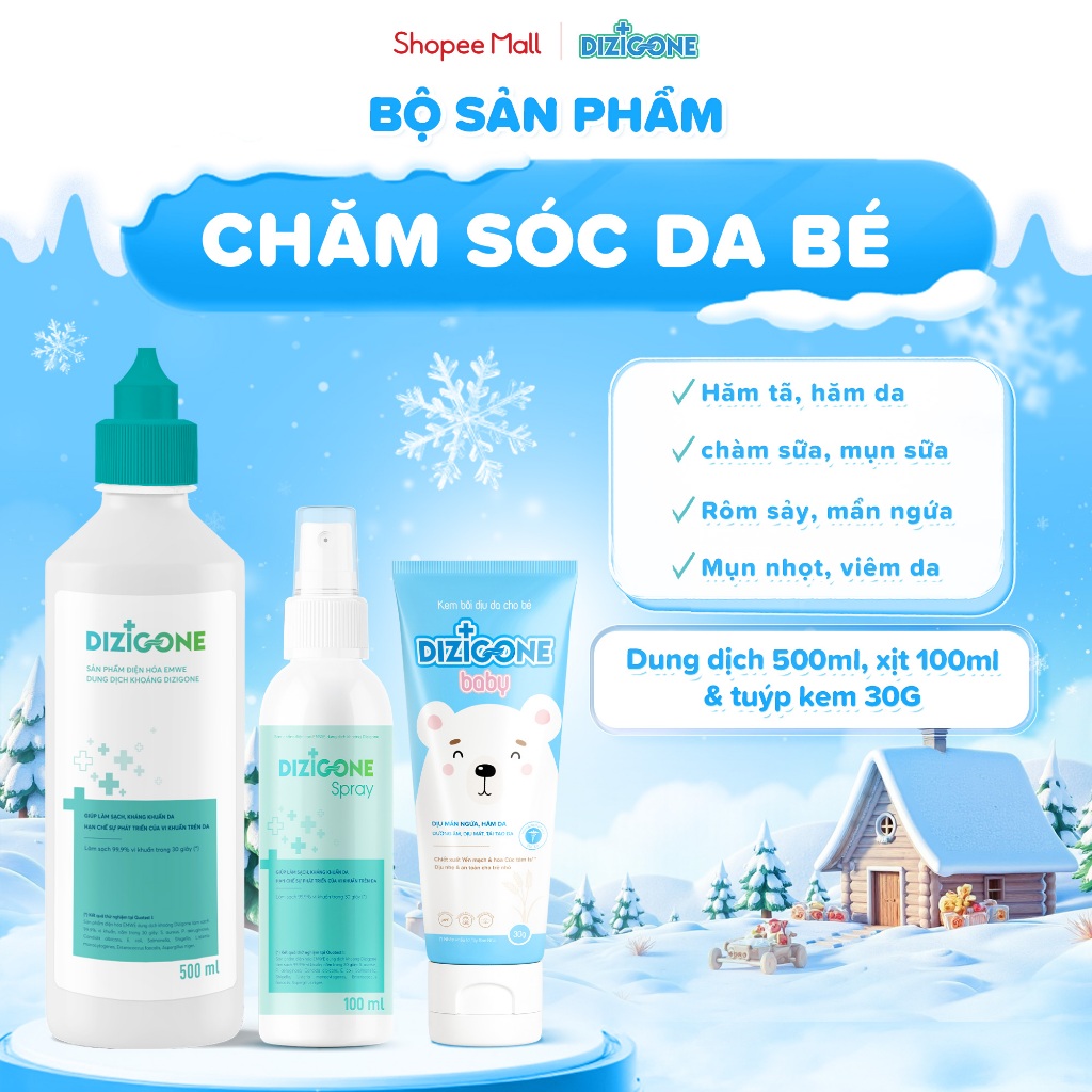 [COMBO] Dung dịch kháng khuẩn DIZIGONE 500ml & Xịt kháng khuẩn DIZIGONE 100ml & Kem DIZIGONE Baby 30
