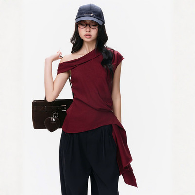 TUBYCATU | Áo Kiểu Nữ Lệch Vai Aura Wrap Top Vạt Dài Bất Đối Xứng