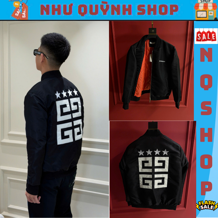 Áo Khoác Bomber Nam Nữ Trần Bông Trám Cam Lưng Patch Da Logo 4G Ngôi Sao, Ngực Thêu Chữ Siêu Ấm