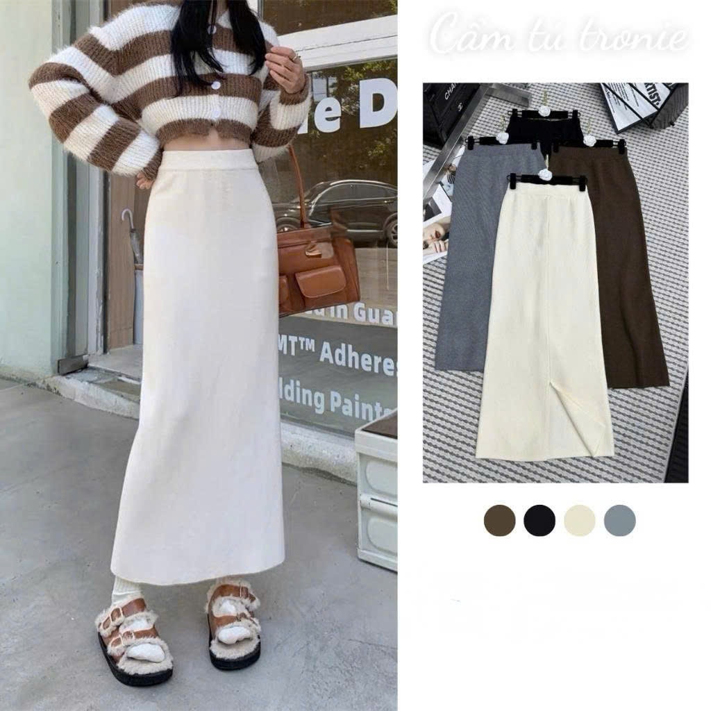 Chân Váy Len Lông Thỏ Đúc Xẻ Sau Dài 88cm Chân Váy Dáng Dài Chân Váy Nỉ Len Cạp Chun Xẻ Tà Sau Phong