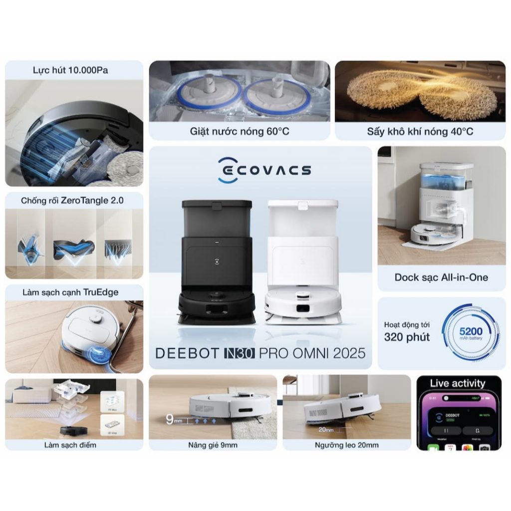 [ECOVACS] Robot hút bụi lau nhà Ecovacs Deebot N30 Pro Omni 2025 - Lực hút siêu mạnh 10.000Pa - OMNI