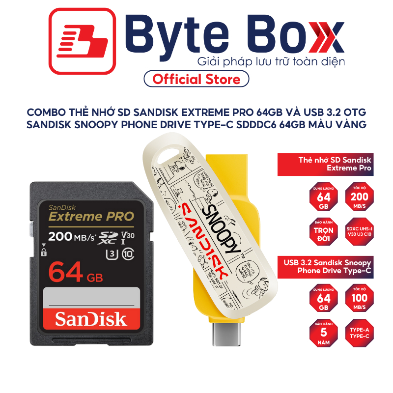 Combo Thẻ nhớ SD Sandisk Extreme Pro 64GB và USB 3.2 OTG Sandisk Snoopy Phone Drive Type-C SDDDC6 64