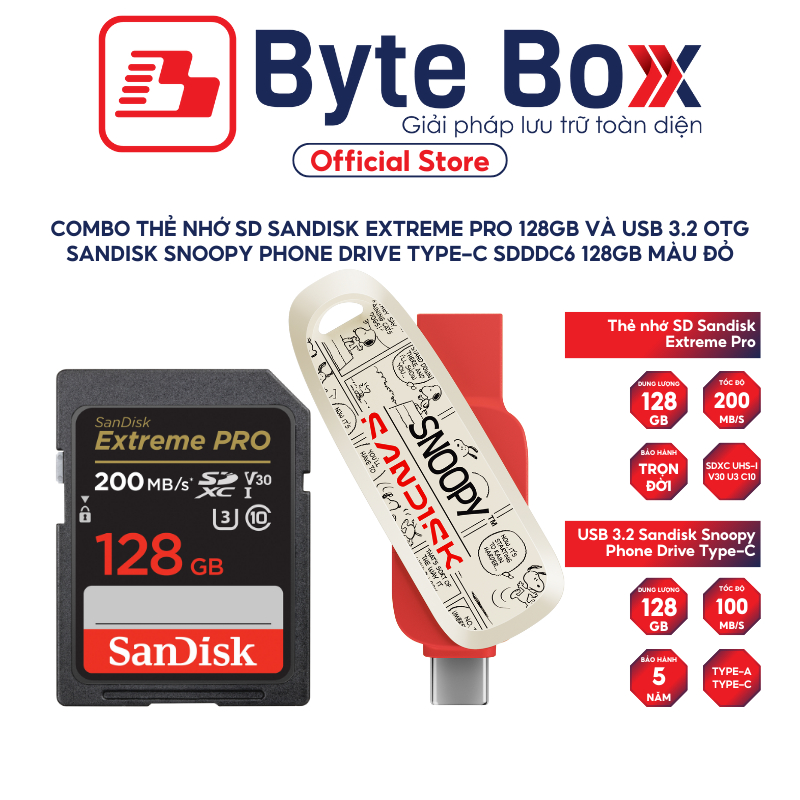 Combo Thẻ nhớ SD Sandisk Extreme Pro 128GB và USB 3.2 OTG Sandisk Snoopy Phone Drive Type-C SDDDC6 1