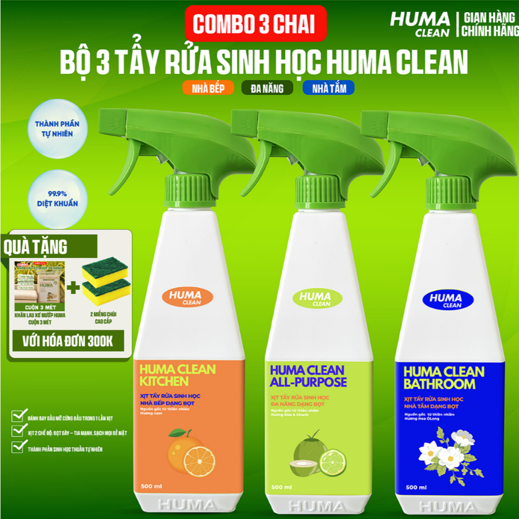 Chai Xịt Tẩy Rửa Sinh Học [ĐA NĂNG + NHÀ BẾP+ NHÀ TẮM] -  HUMA CEAN , Bộ sản phẩm dùng cho tất cả cá