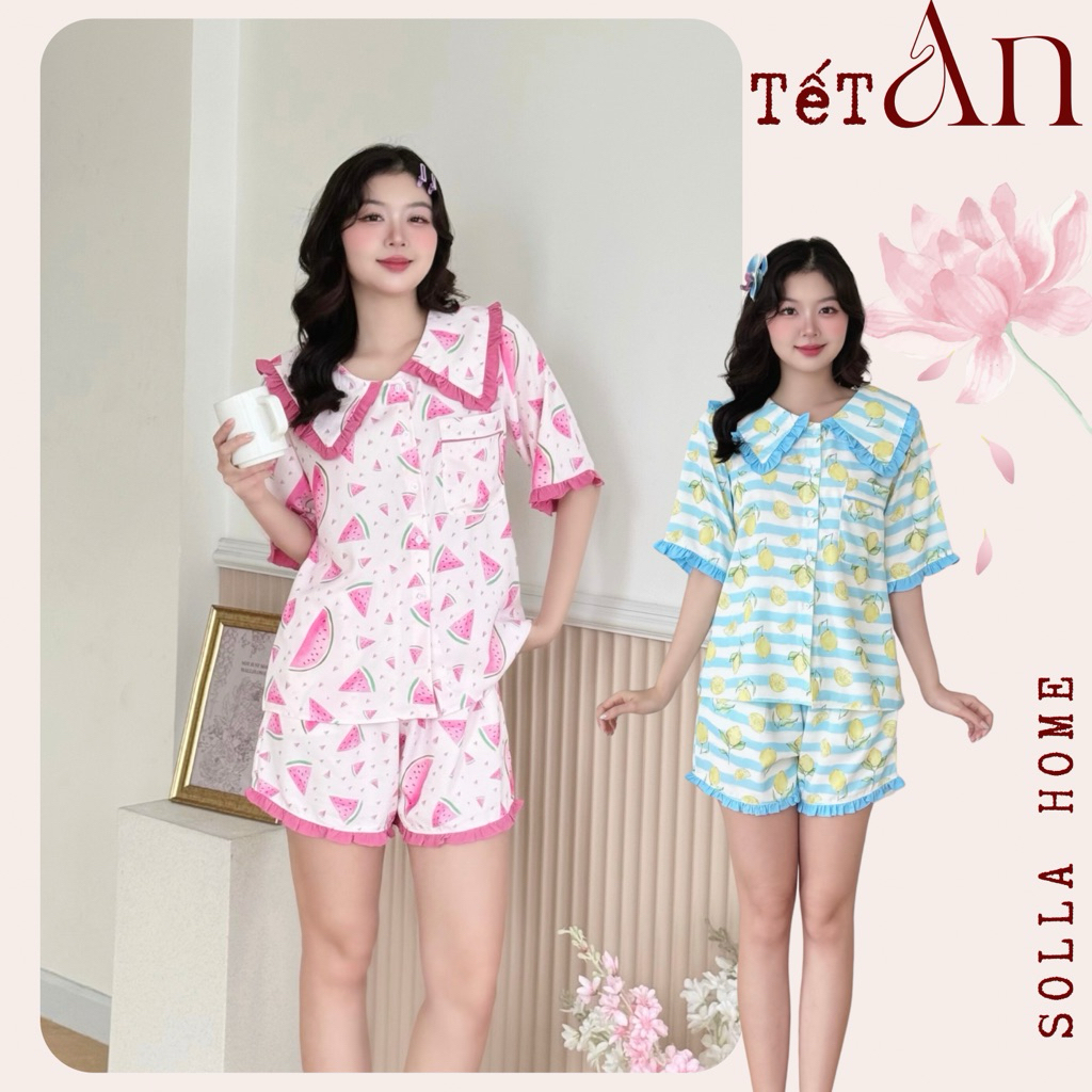 SOLLA HOME - Bộ Pyjamas Mặc Nhà Nữ Áo Tay Lỡ Quần Đùi Phối Bèo