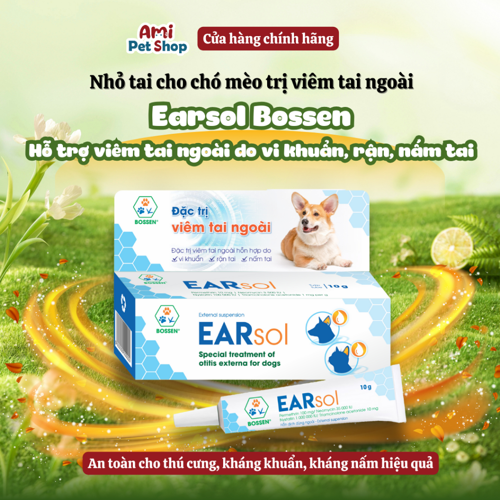 BOSSEN - Nhỏ tai Earsol hỗ trợ giảm viêm ngoài tai, rận tai cho chó mèo tuýp 10g