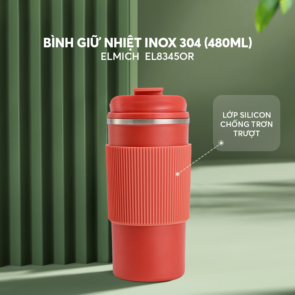 Cốc giữ nhiệt inox 304 Elmich–EL8345 (480 ml)–Quai xách & lớp silicone chống trượt–Bảo hành 6 tháng