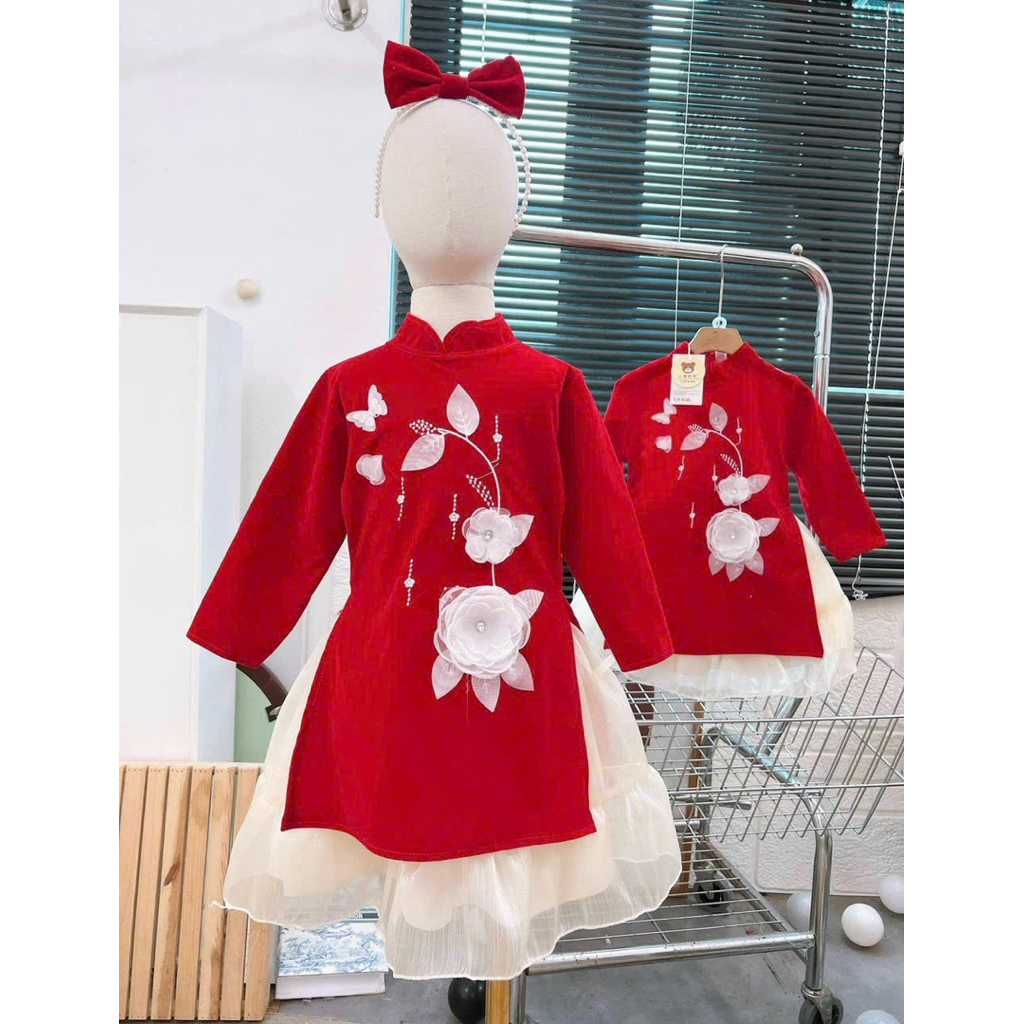 Áo Dài Nhung Đỏ Hoa 6D cao cấp cho bé gái