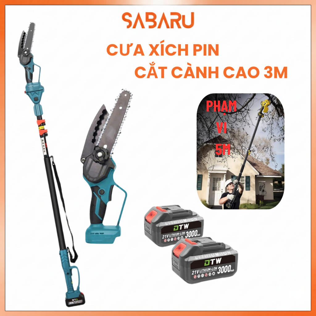 Máy cưa xích pin cắt cành cây trên cao 3m , Cưa cành trên cao dùng pin DTW C96-3 , Máy cưa gỗ cắt cà