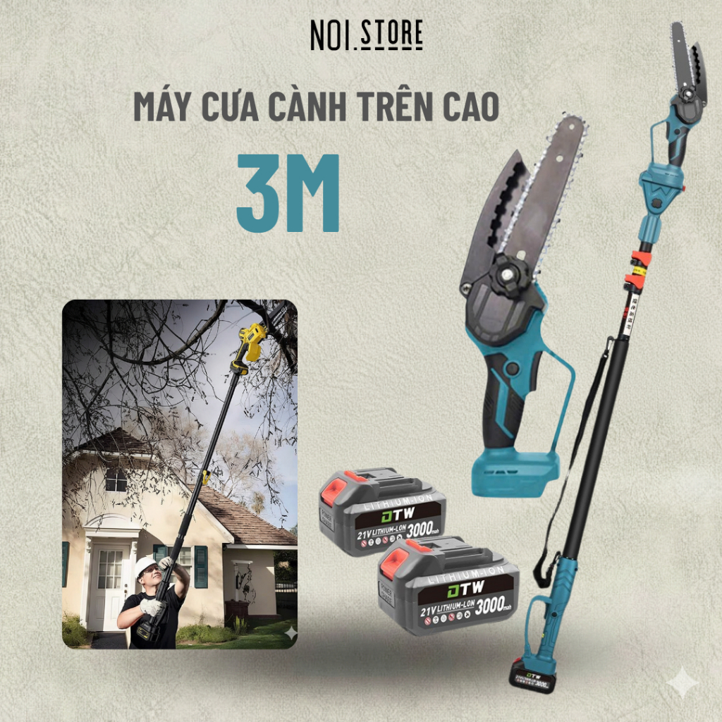 Máy cưa xích pin cưa cành cây trên cao 3M - Cưa máy gắn cần nối dài cưa cành trên cao DTW C96-1