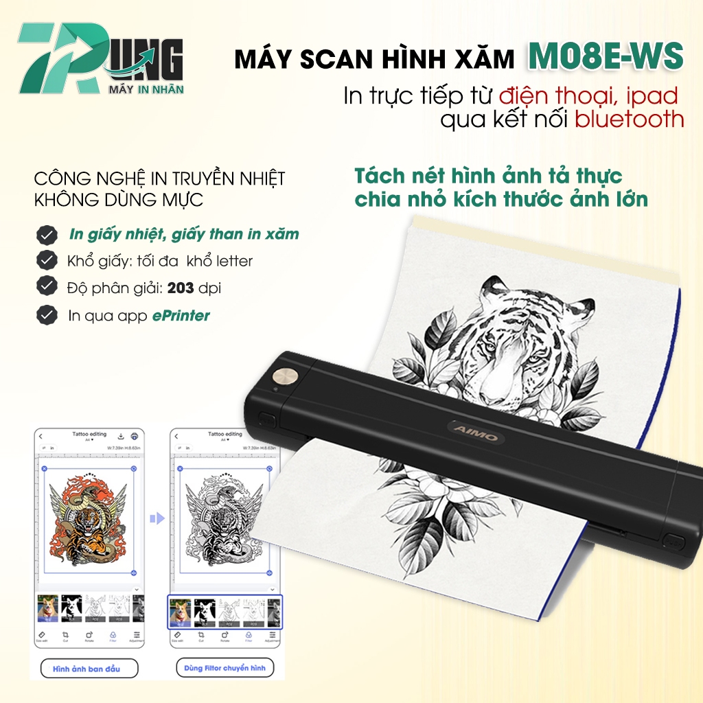  Máy Scan Hình Xăm AIMO M08E-WS đời mới dễ sử dụng scan được hình tả thực - Kết nối  Bluetooth in từ iPhone - iPad USB 