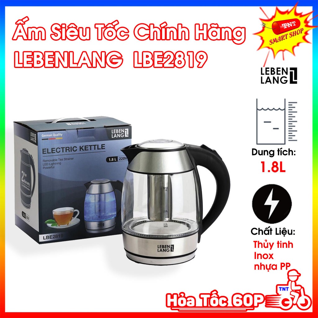 Ấm Siêu Tốc LEBENLANG LBE2819 Từ Đức Gồm Lõi Lọc Trà Bằng Inox, Bảo Hành 2 năm  1.8 Lít Bình Thủy Ti