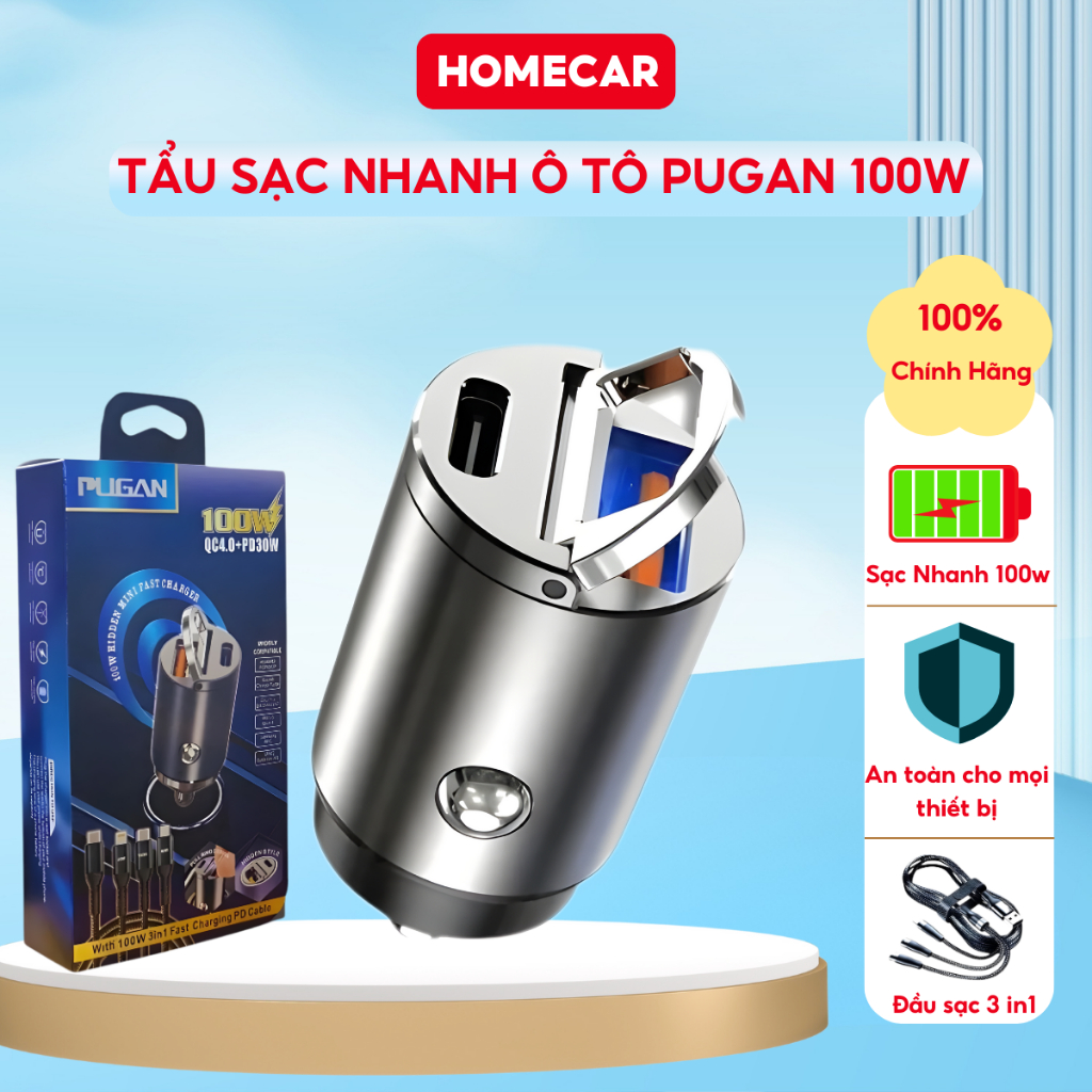 Tẩu Sạc Nhanh Ô Tô 100W PUGAN Cắm Tẩu Sạc Âm Nguồn 2 Cổng Type C và USB Nhỏ Gọn Phù Hợp Mọi Dòng Xe