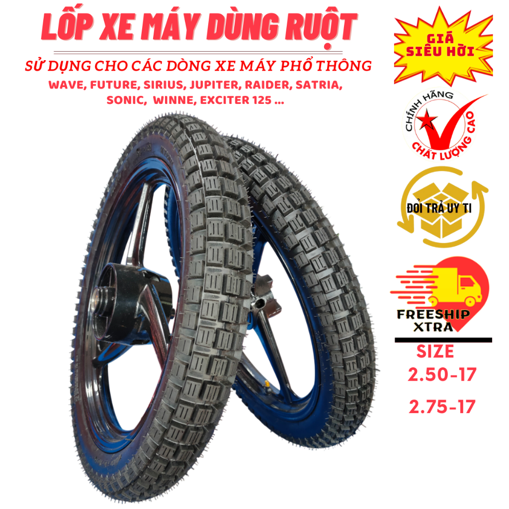 Lốp xe máy GAI VUÔNG chân chó 2.50-17 và 2.75-17 dùng ruột cho xe sirius, wave, Future, Jupiter...