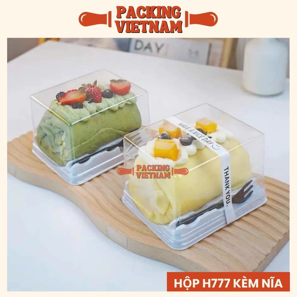Hộp bánh đựng crepe cuộn, bánh bông lan cắt lát - Hộp chữ nhật kèm nĩa nhựa H777