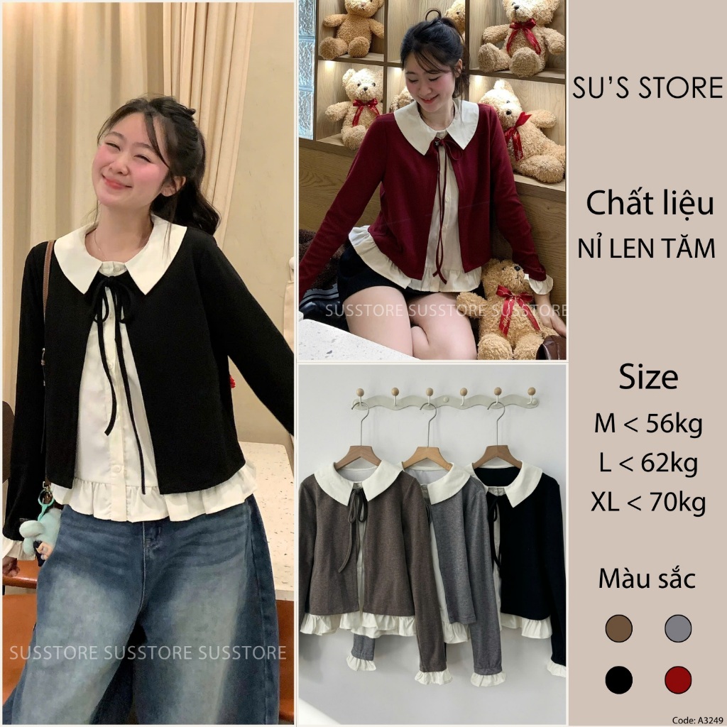 Áo Nỉ Len Tăm Phối Cổ Bẻ Buộc Nơ Tay Bèo A3249 Su Chang Thời Trang Nữ