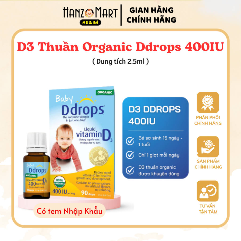 D3 Thuần Organic Ddrops 400IU bổ sung D3 cho bé tăng sức đề kháng, khỏe mạnh <1y